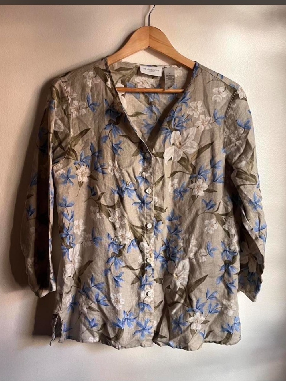 100% Linen Vintage Liz Claiborne Lizsport Floral Button Down Smock Blouse